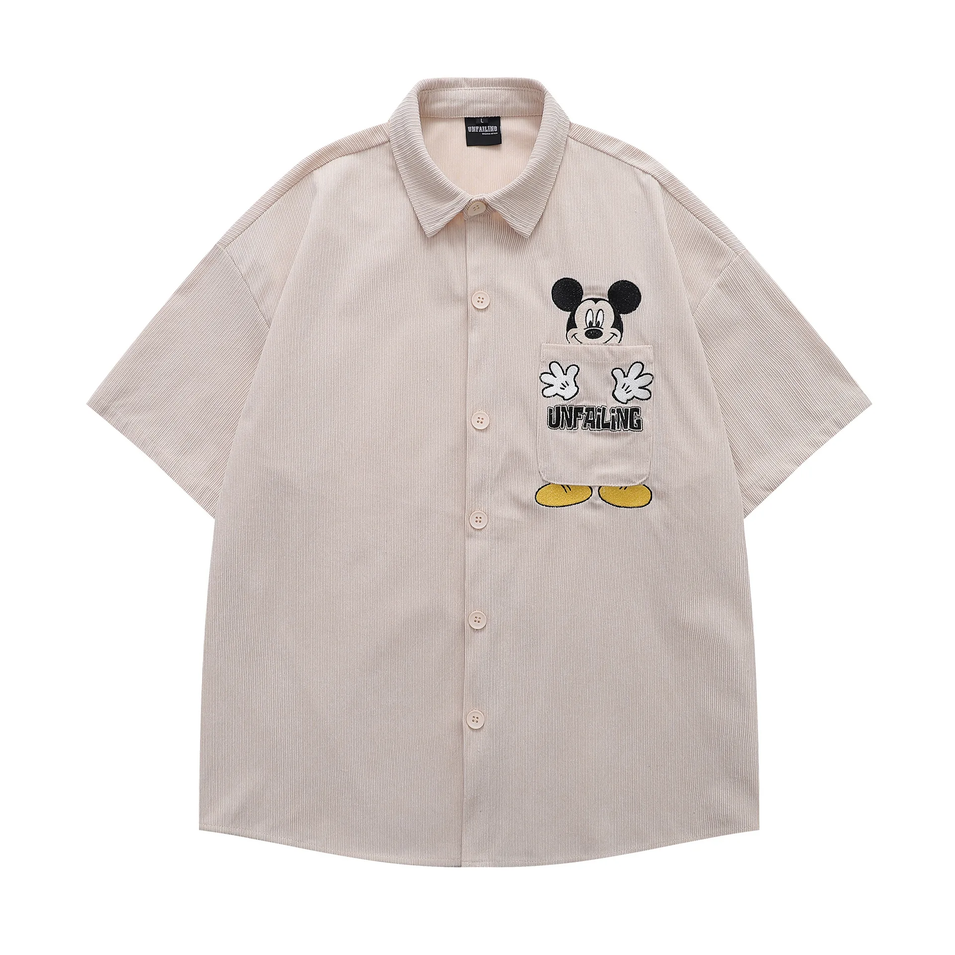 American Retro Creative Cartoon Embroidery Corduroy Short Sleeve Shirt for Men and Women Loose Casual Versatile Couple Shirt