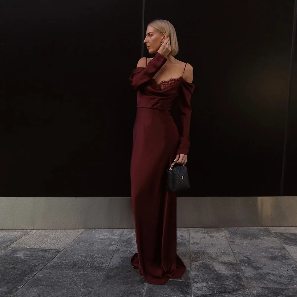 

Высококачественные длинные атласные прямые вечерние платья бордового цвета с кружевным вырезом, элегантное длинное женское платье с длинными рукавами