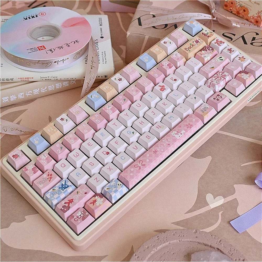 Imagem -03 - Pink Flower-like Chaveiro Bonito Rosa para as Meninas Cereja Bonito Sublimação Teclado Mecânico Kawaii