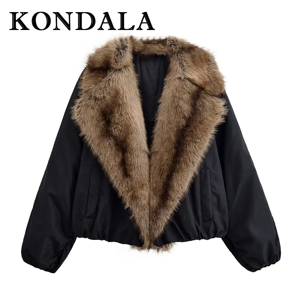 

KONDALA Chic 2025 винтажная зимняя рождественская роскошная современная куртка из искусственного меха уличная одежда пальто винтажная женская верхняя одежда с развевающимся воротником