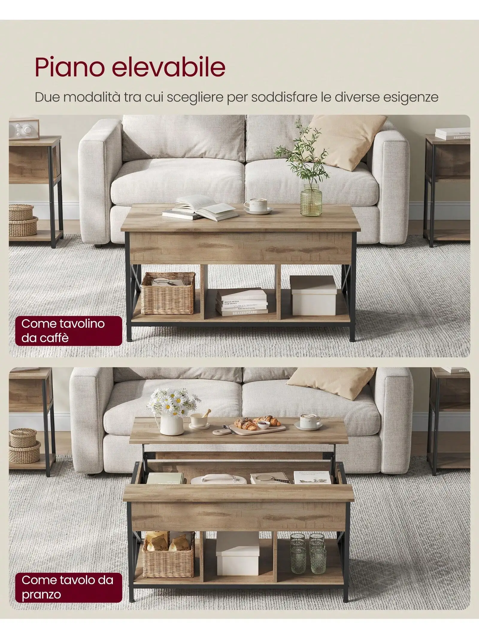 VASAGLE tavolino elevatore: aperto/nascosto, barre a forma di X. 60 x100x(48-62) cm. Ideale per il soggiorno.