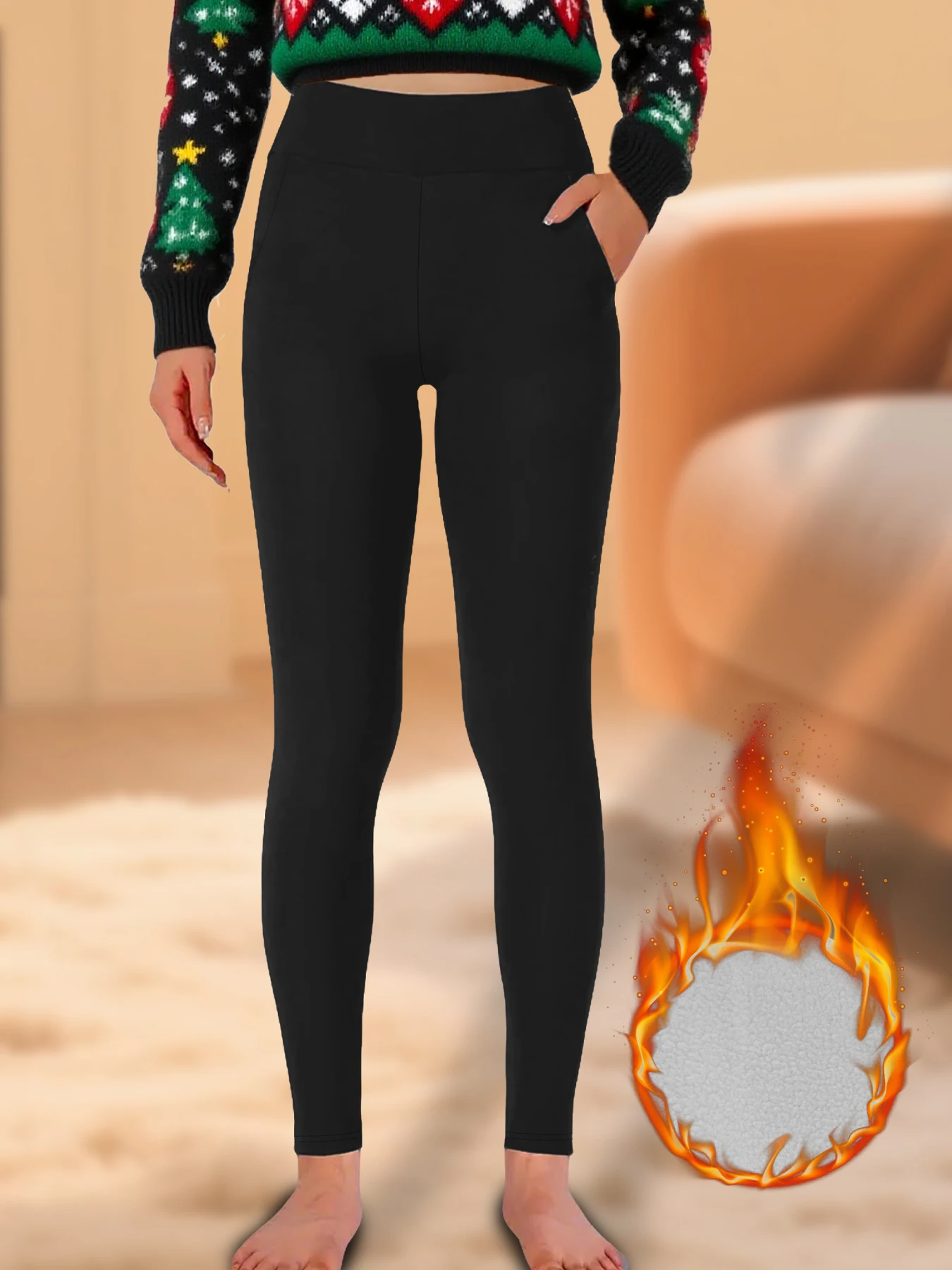 

Women's High Waisted Fleece-Lined Leggings With Pockets Thick Soft Tummy Control Workout Yoga Thermal Warm Pants for Cold Winter