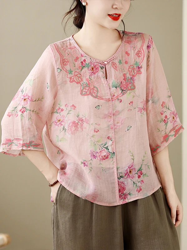 

Beautiful Embroidered Flax Shirt Women's Loose Fit Breathable Short Sleeve Button up Floral Print Vintage Style Summer Top