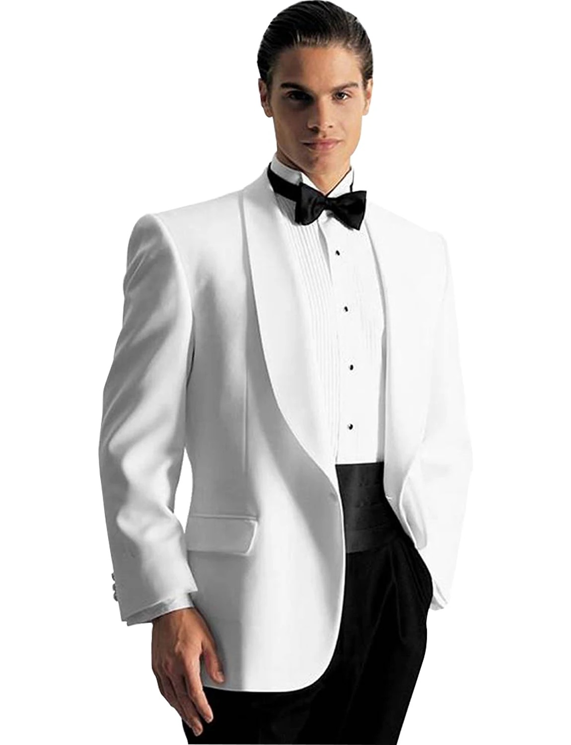 Men\'s Suits 2 Pieces Shawl Lapel Slim Fit Wedding Dinner Tuxedo Suits for Men Business Casual White Jacket & Black Trousers