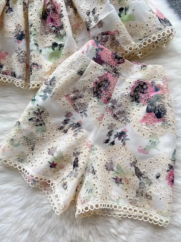 Elegant Flower Embroidery Lace Shorts Set Women Short Sleeve Hollow Out Ruffles Shirt Top+Wide Leg Shorts Summer 2 Piece Outfits