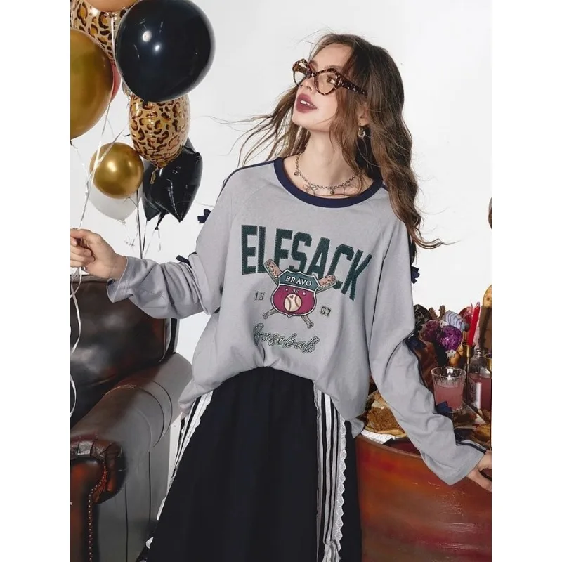 

Женская свободная футболка с длинным рукавом в стиле ретро с бантом, осенний новый дышащий повседневный топ