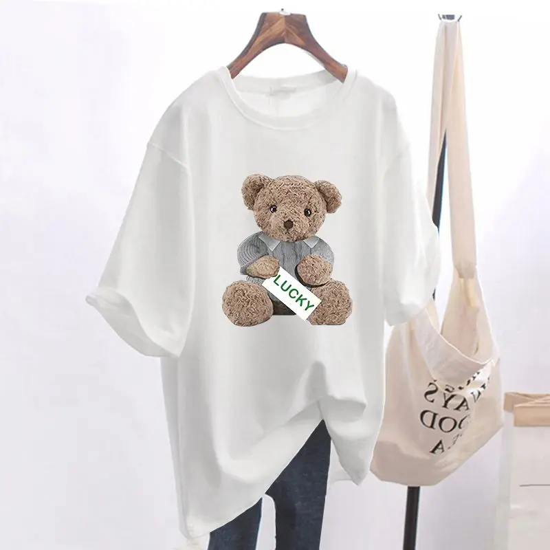 Summer Fashion Animal Bear Print Basic T-shirts Women Casual Pure Cotton O-neck Short Sleeve Top Tee Office Lady Loose Pullovers