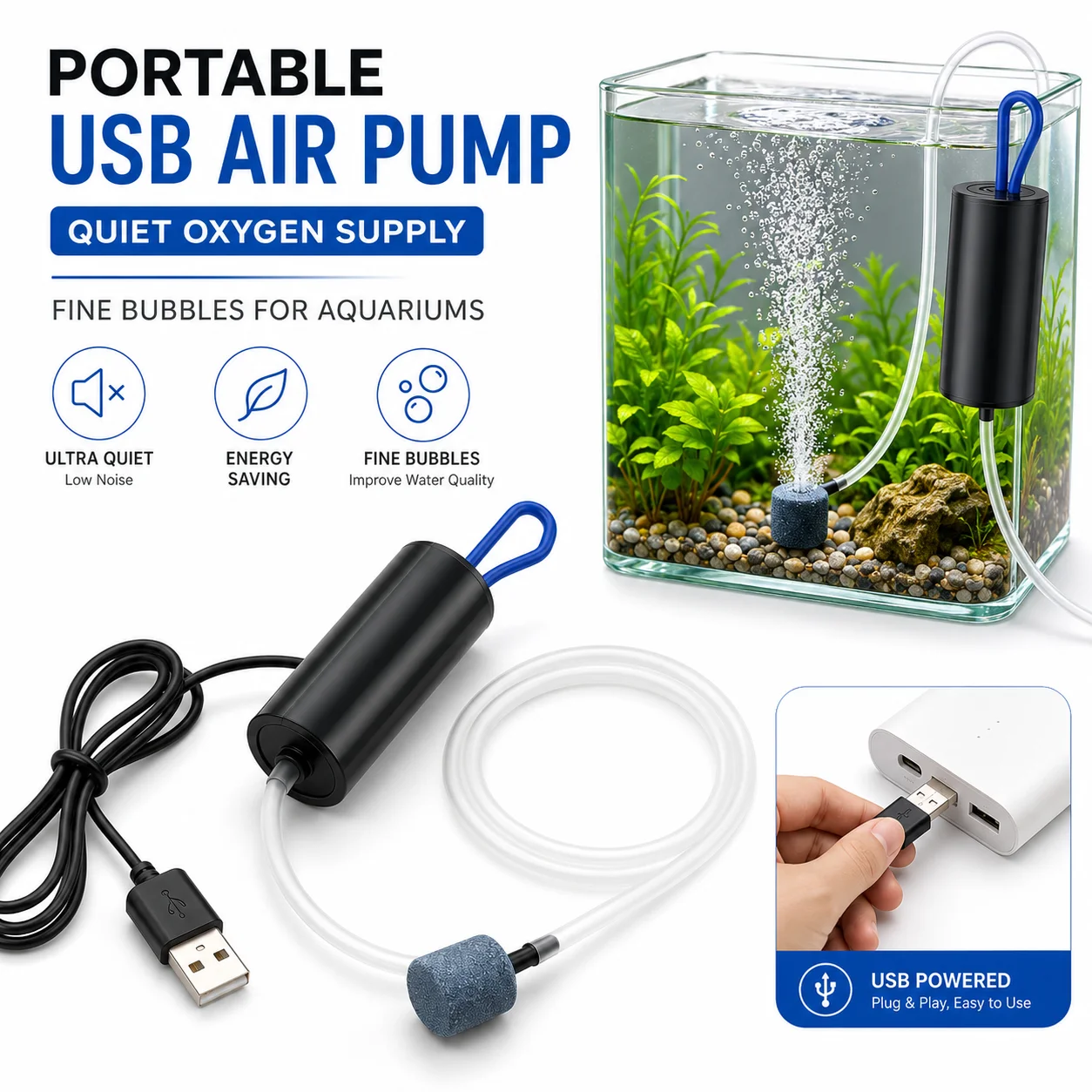 Tragbare USB-Aquarium-Luftpumpe 5V Geräuscharmer Mini-Oxygenator Fischbecken-Luftkompressor Sauerstoff-Belüfter Zubehör für Wassertiere