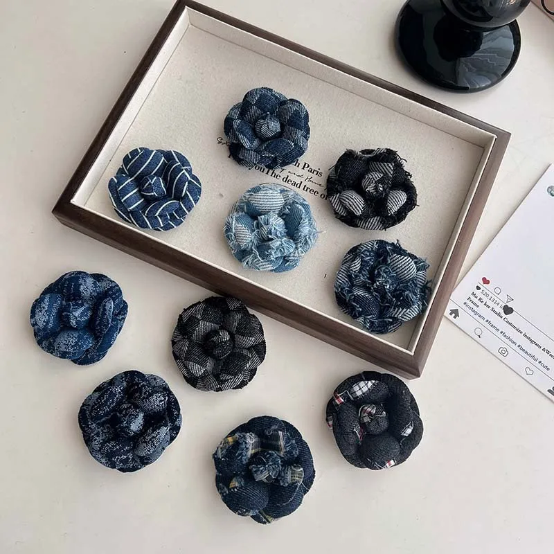 

6CM Cowboy Fabric Camellia Brooch High-end High-quality Accessory Pin Women's Party Banquet Gift Chest Flower