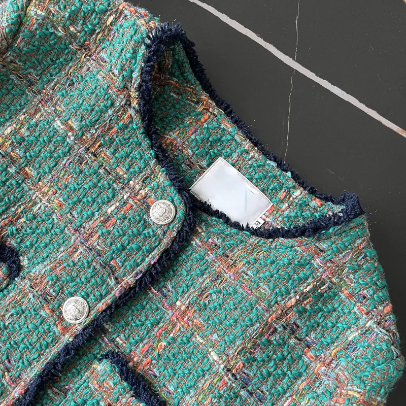 French Vintage Green Plaid Small Fragrance Coat Female Autumn 2023 New O Neck Long Sleeve Casual Fashion Red Women Short Jacket