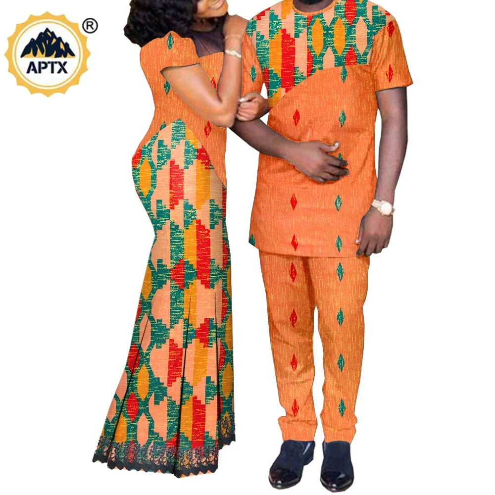 African Clothes for Couples Matching Outfits Dashiki Metallic Women Print Lace Dresses Bazin Riche Men Top and Pant Sets A20C003