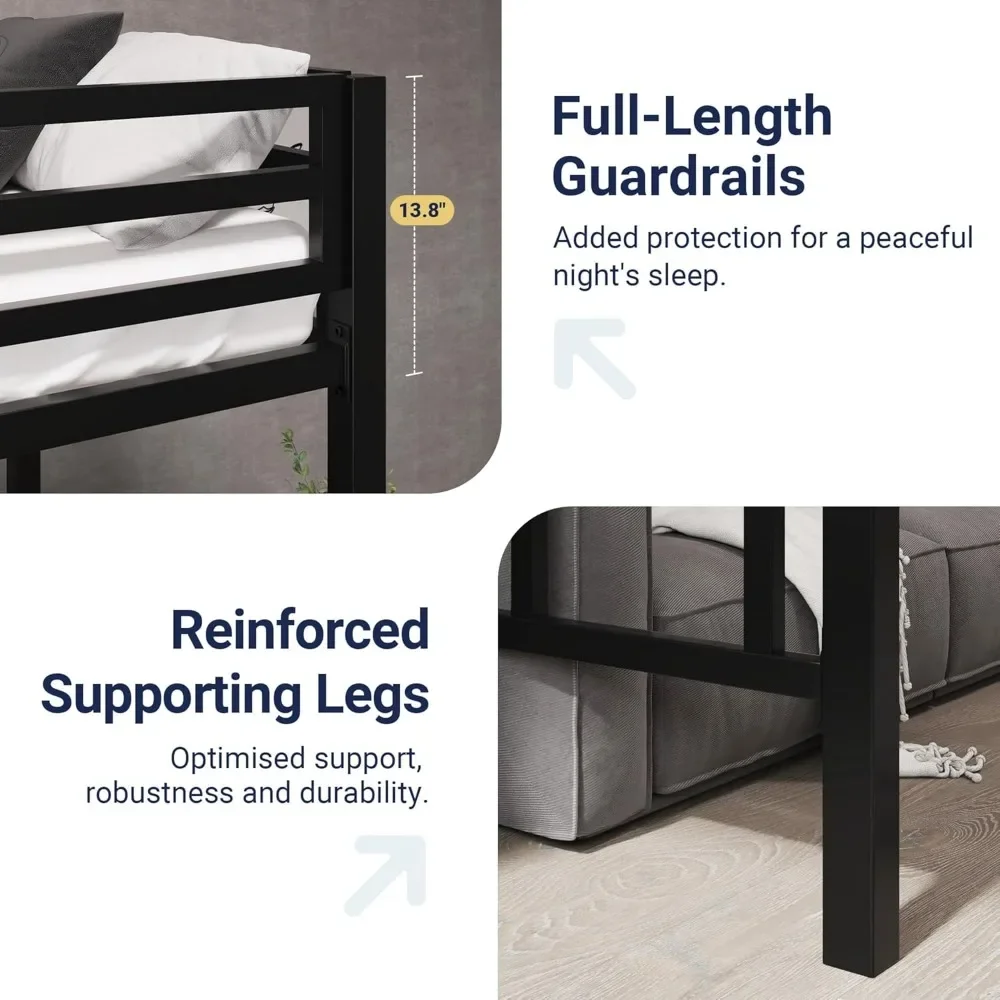 Metal Loft Bed Twin Size with Full Length Guardrail No Box Spring Needed Bed Frame