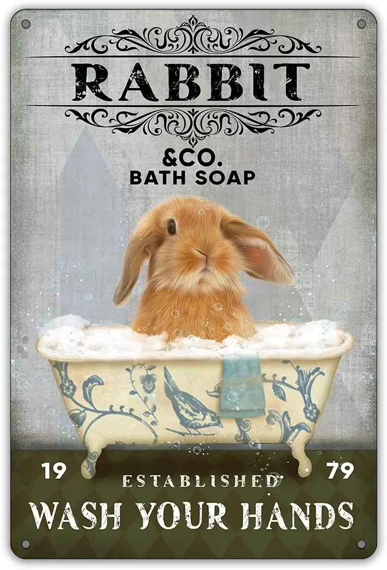 Funny Bathroom Quote Rabbit & Co Bath Soap Metal Tin Sign Wall Art Decor, Wash Your Hands Sign for Home Bath Room Decor Gifts