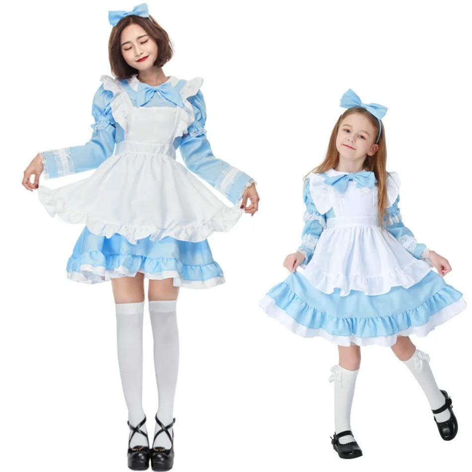 

Girl Mother Japanese Maid Dress Up Costume Lolita Party Dress Blue Long Sleeve Apron Maid Role Play Waitress Cross Dressing PS66