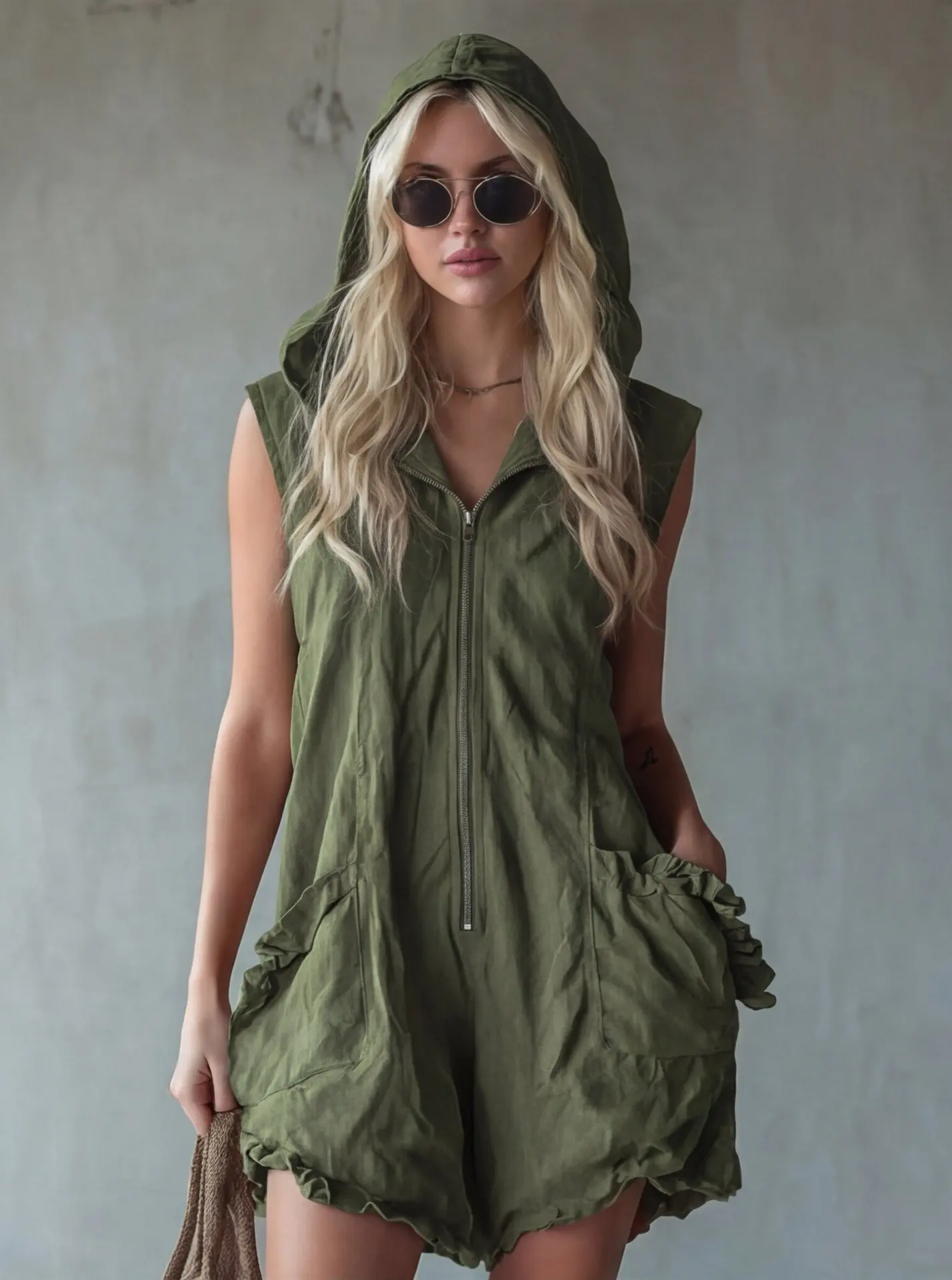 Women's White Sleeveless Hooded Jumpsuit Casual Fashion Jumpsuit With Pockets Ruffled Hem Summer Beach Resort Outfit Chic Style - view 2