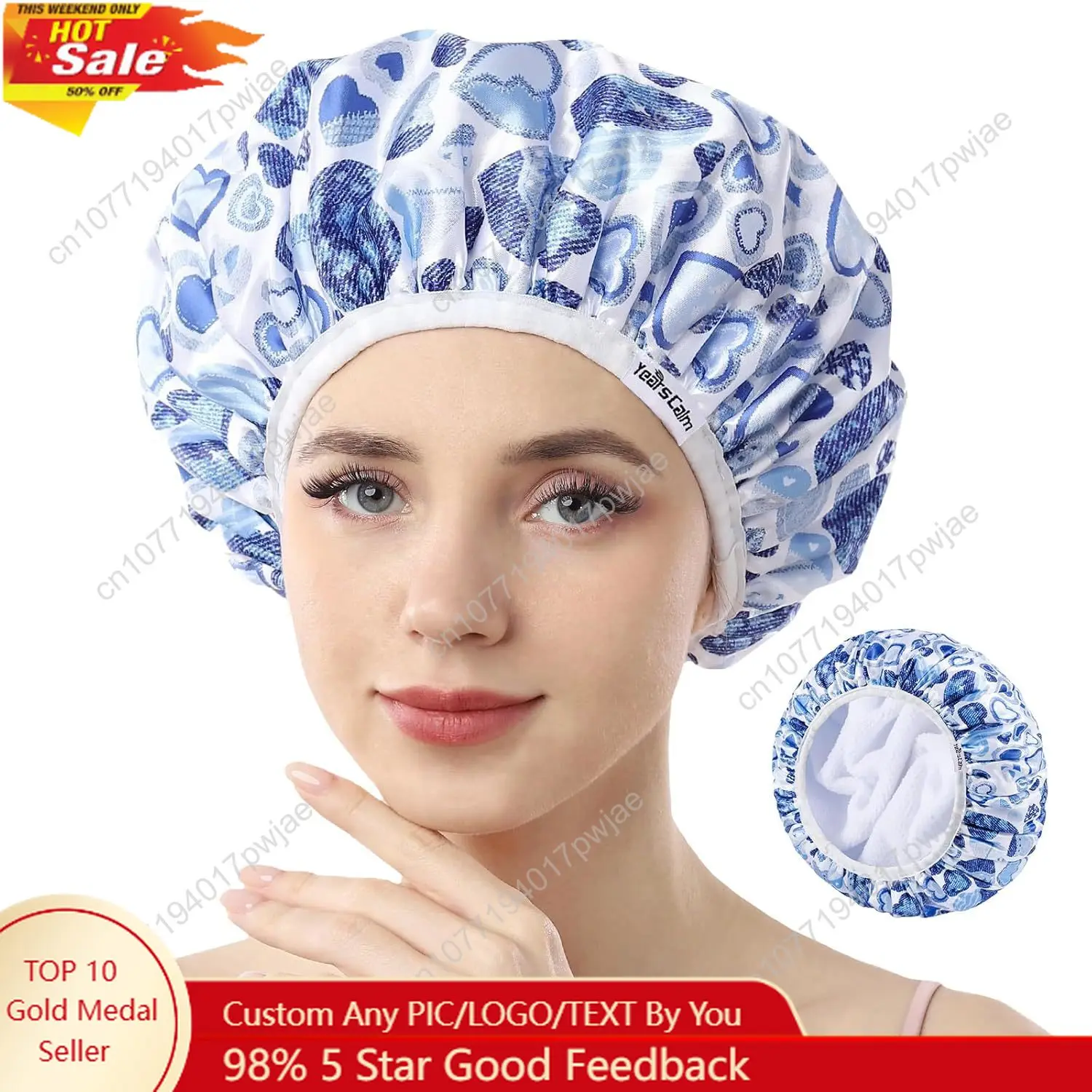 

Years calm Terry Lined Shower Cap Triple Layer Heart Motifs,Waterproof Reusable Elastic,Hair Shower Cap for Women Terry Cloth S