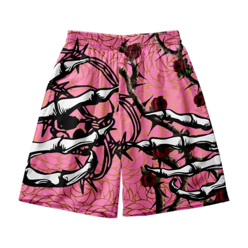 Men's 3D Skull Fingers Rose Printed Waist Shorts Polyester Quick Dry Breathable Waist Shorts Beach Board Shorts