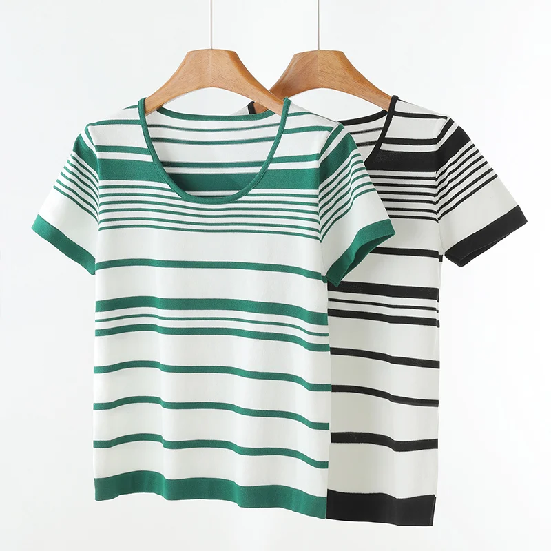 

2026 Women's Short Sleeve O-Neck T-Shirt 100% Cotton Knitted Striped Fashion Cool Top for Women