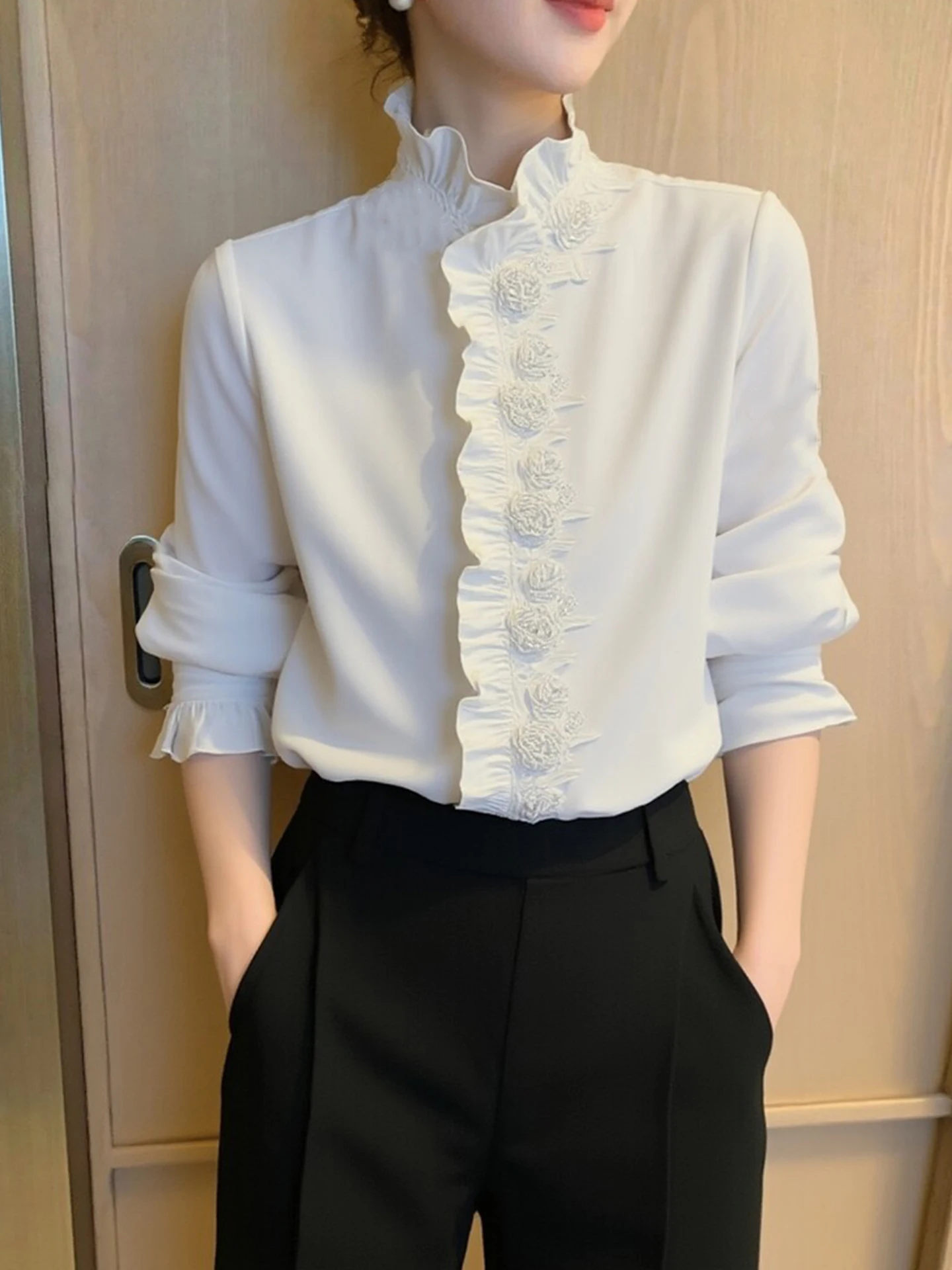 

Ele Spring Faion Floral Lace irt Long Sve Women's Top Korean Sle Straight Cut Unique 3D Flower Decoration