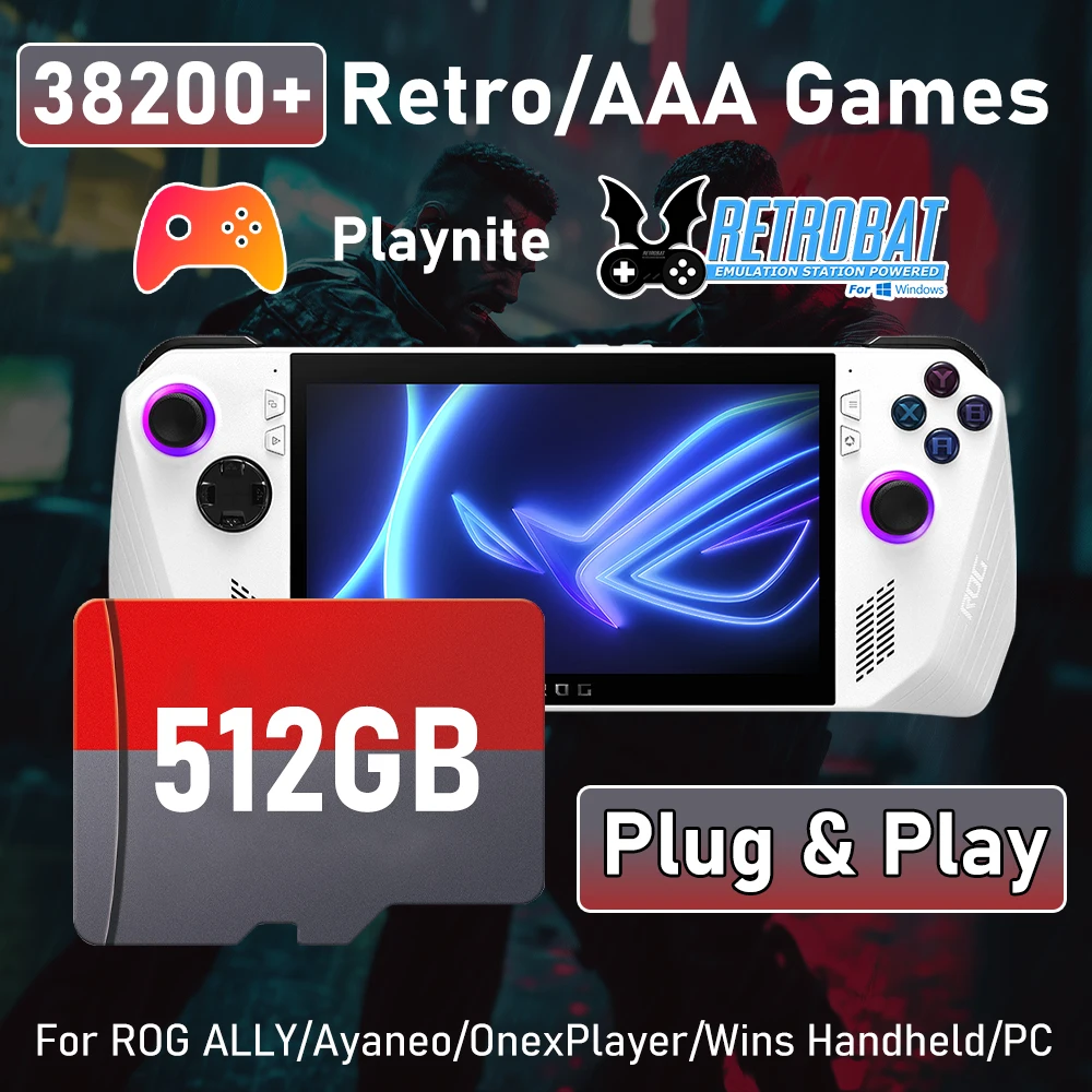 512G Game Card With 38600+Retro/AAA Games for ROG ALLY/Onexplayer/Wins Handheld/PC Game Console for PS3/PS2/WIIU/SWITCH/NES/N64