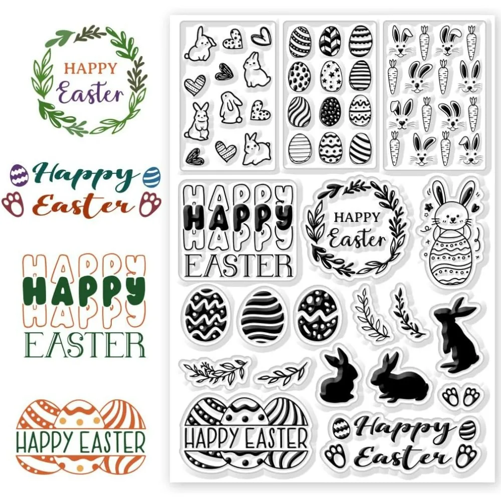 Happy Easter Clear Stamp Rabbit Background Transparent Stamps Blessing Words Silicone Clear Stamp Seals for DIY Scrapbooking