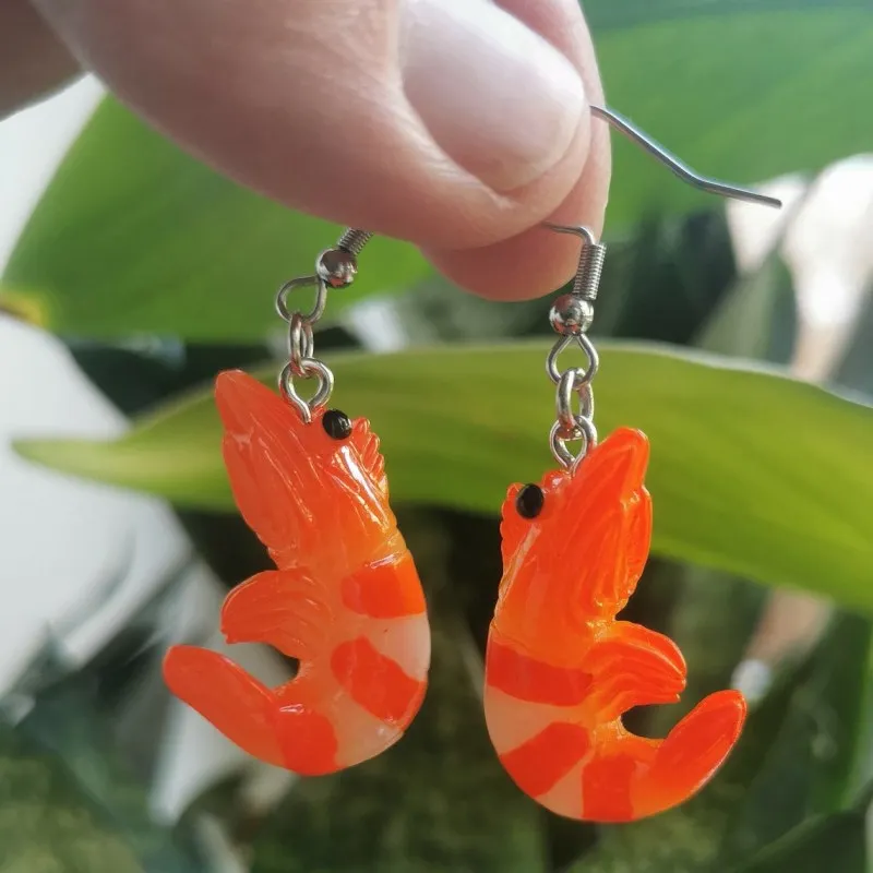 Creative 3D Simulation Shrimp Earrings Cartoon Resin Handmade Women's Earrings Seafood Sushi Charm Jewelry Marine Animals