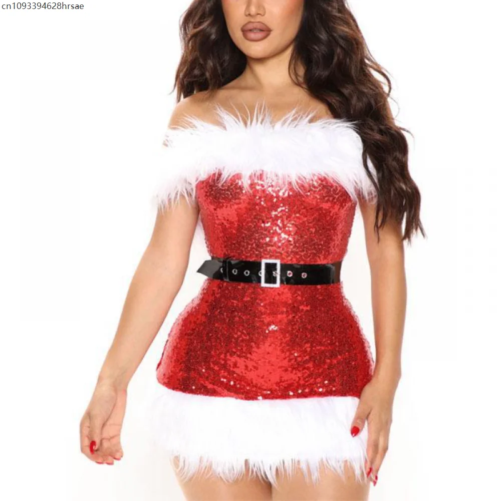 

Women Santa Costume Mrs Claus Dress Cosplay Christmas Off Shoulder Furry Fancy Hooded Dress Nightwear Outfits Party Wear