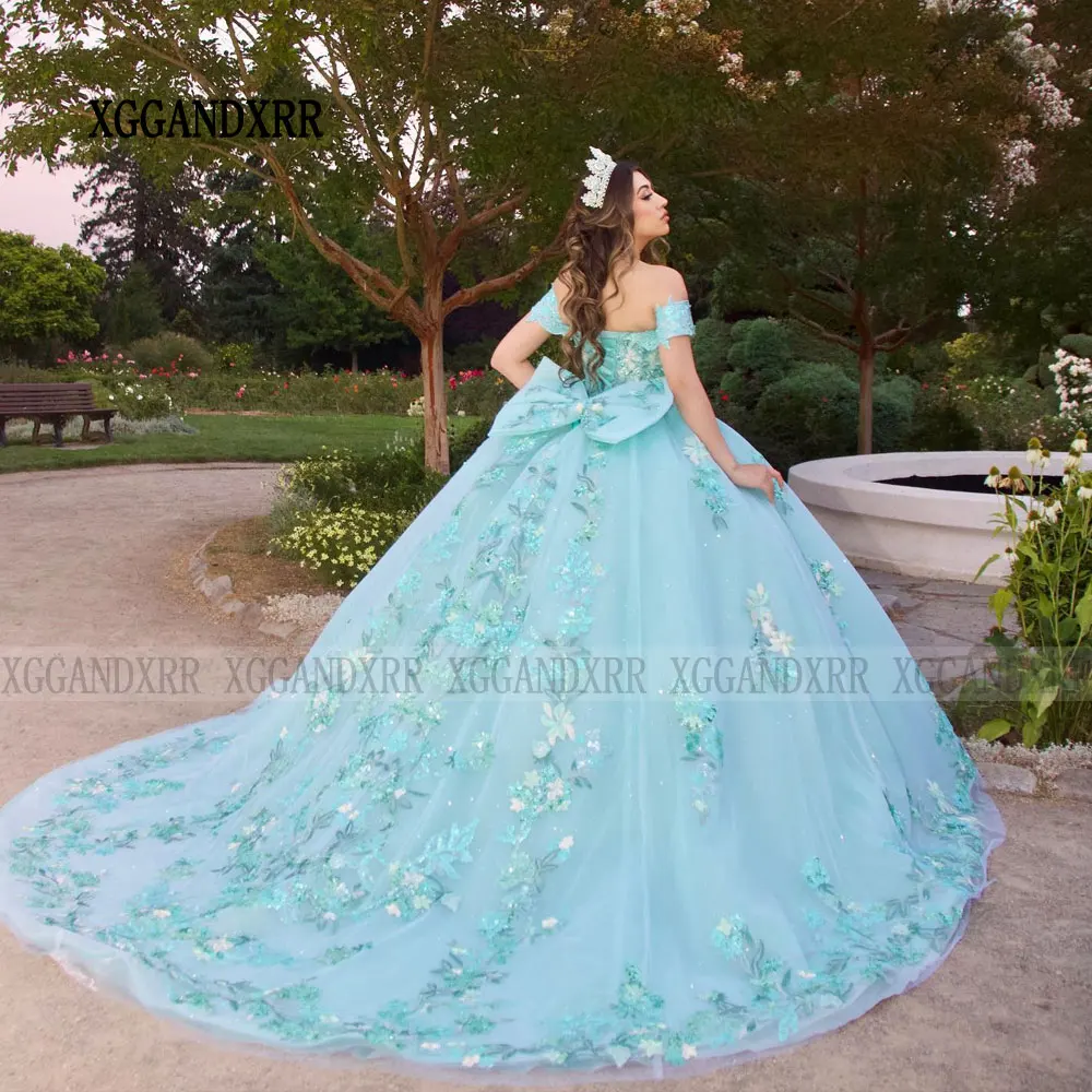 Vestido azul De tul para quinceañera, traje con escote Corazón, hombros descubiertos, lazo mexicano, para fiesta De cumpleaños De niña, 2024