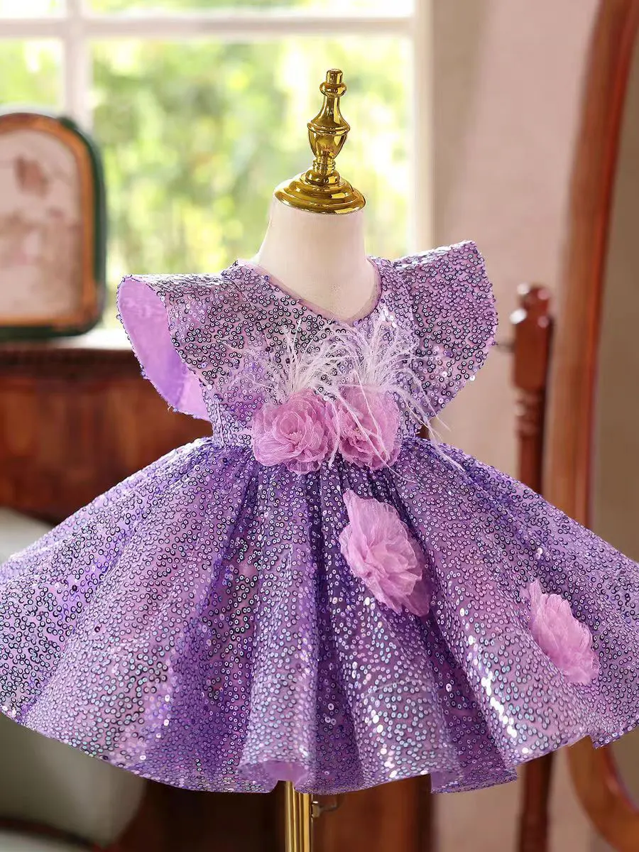 Jill Wish J598 Abito da ragazza di fiore viola Fiori fatti a mano Piume Lunghezza al ginocchio Principessa Bambini Matrimonio Compleanno Festa Abito formale