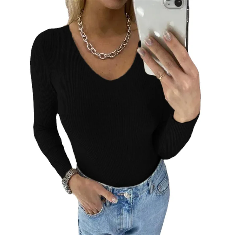 Top lavorati a maglia da donna 2025 Autunno/Inverno sottile maglione con scollo a V T-shirt Pull Jaune Pullover Damen Sweter Damski Вonnelsтаж ✔iyahaт zar