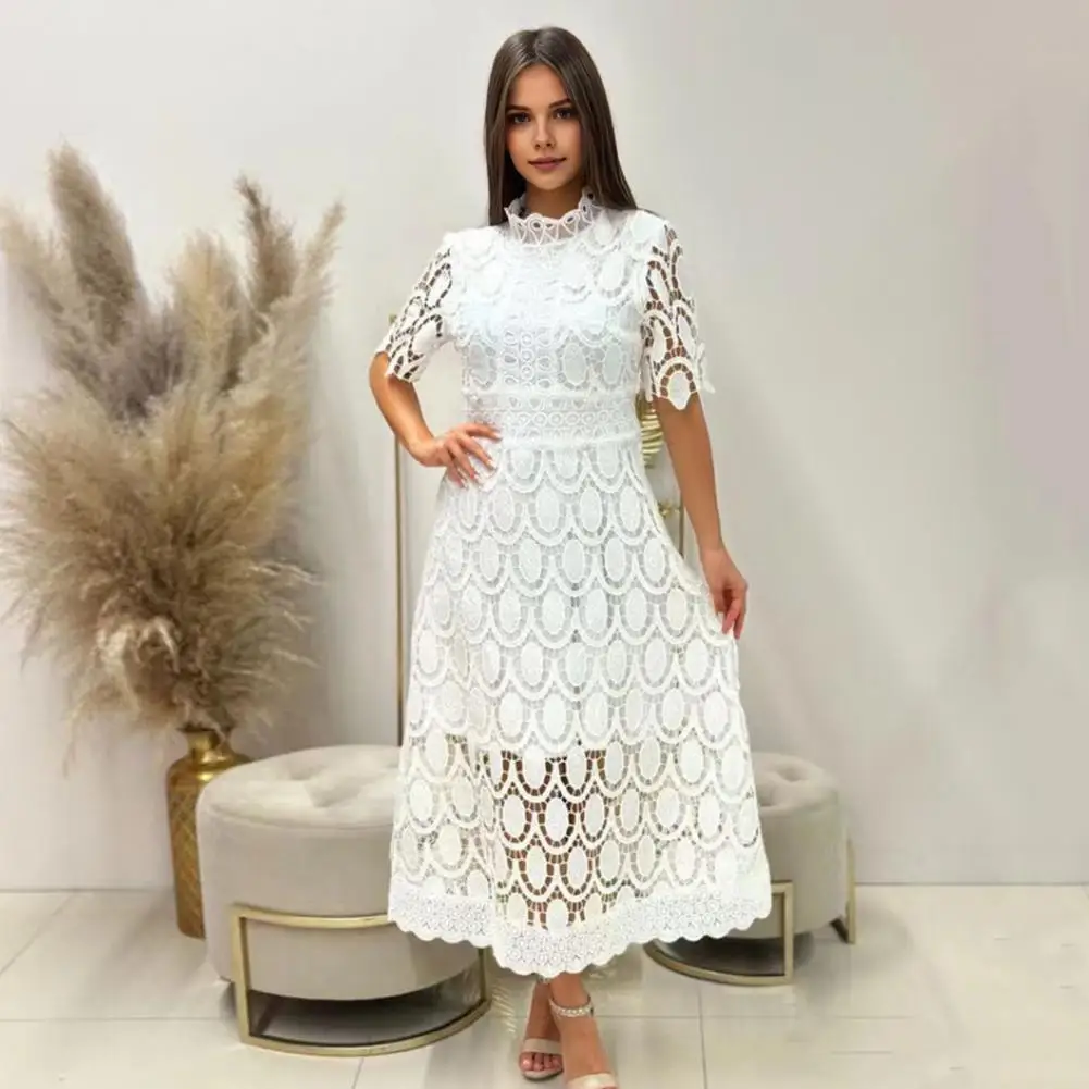 

Women Slim-fitting Dress Elegant Stand Collar Summer Midi Dress for Formal Occasions Parties with Double-layered for Women