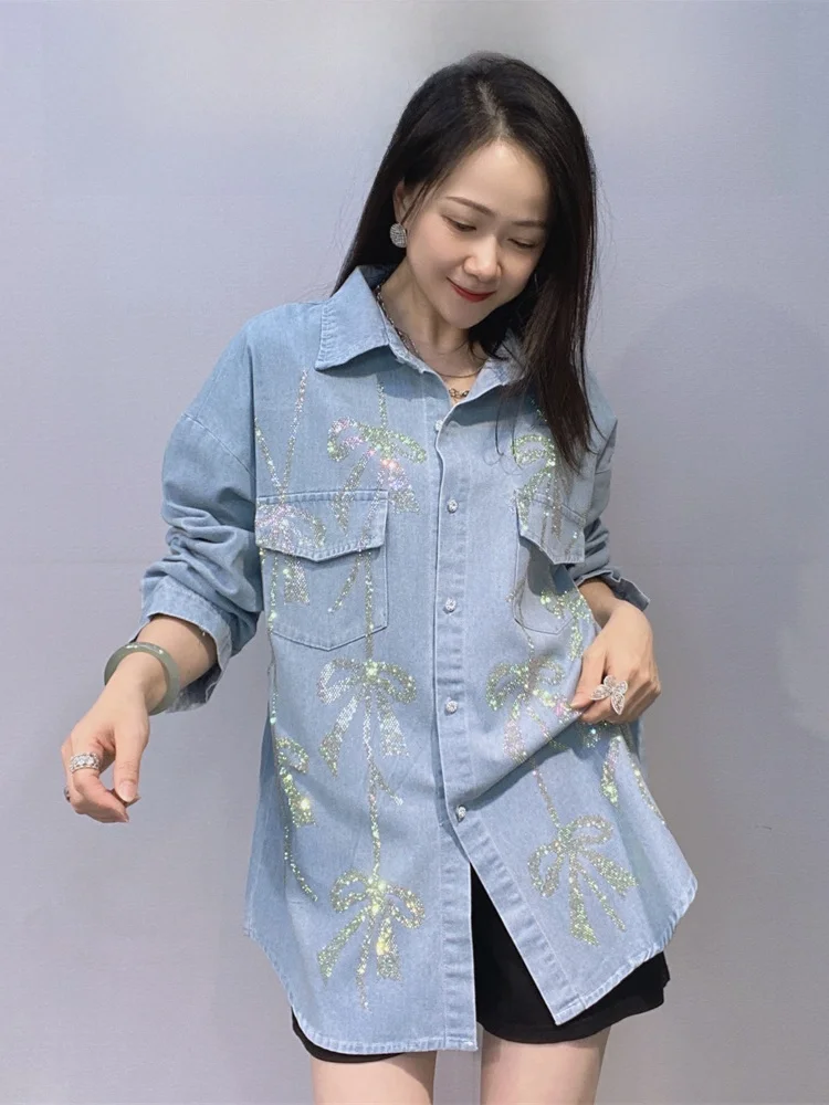 

Casual Loose Long Sleeve Denim Shirt Women's Fashion Spring Autumn New Style Diamond Embellished Knot Top Coat