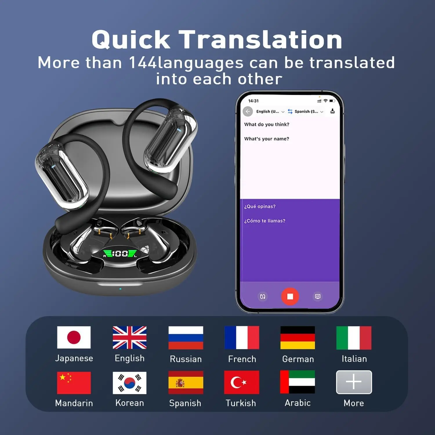 Global Translator Headphones No Subscription Wireless Earphone 4 Modes Open-Ear OWS Real-Time Translation 144 Languages BT 5.4