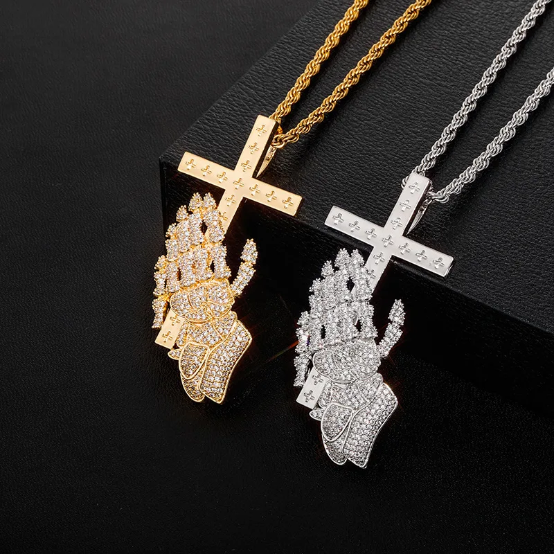 

Hip Hop 3A+ CZ Stone Paved Bling Iced Out Praying Hand Cross Pendants Necklace for Men Rapper Jewelry Christian Father Gift