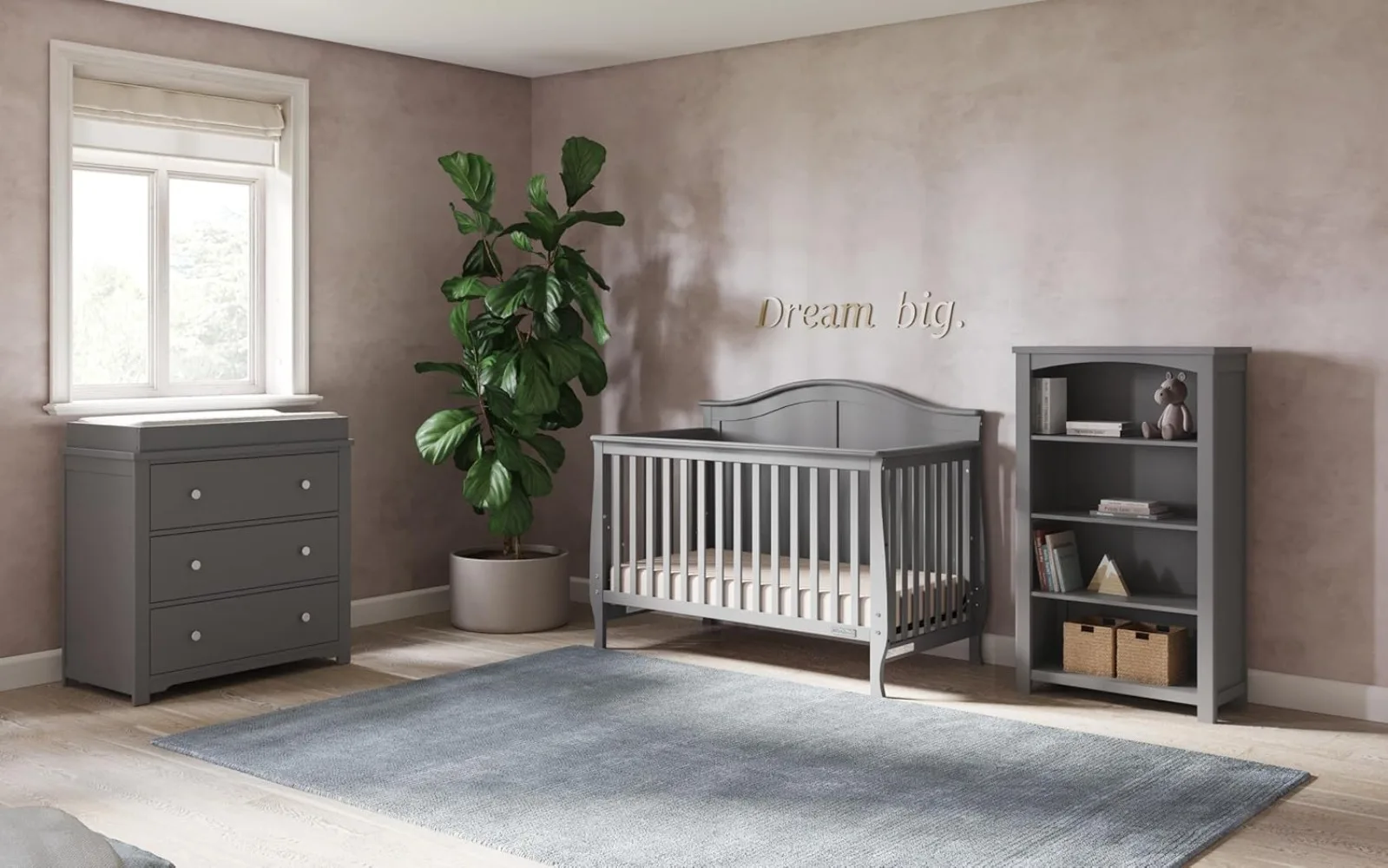 Camden Crib, Dresser, and Bookcase Nursery Set, 3-Piece, Includes 4-in-1 Convertible Crib, 3 Drawer Dresser, and Bookcase