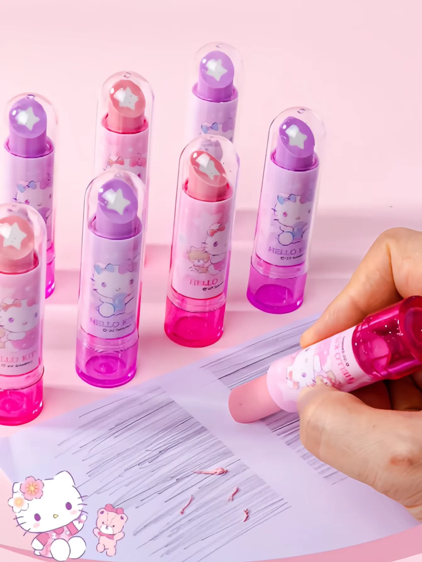 1/3/5/10Pc Sanrio Hello Kitty Kuromi Lipstick-Style Rotating Eraser, Lipstick-Shaped Low-Residue Eraser, Cute Cartoon Stationery Gift for Kidsren and Students