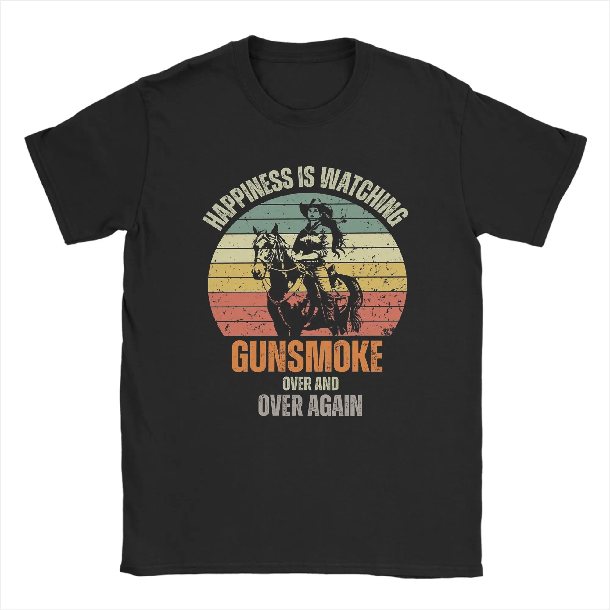 Vintage Happiness Is Watching Gunsmoke Over And Over Again T-Shirts Men Round Neck Cotton T Shirts  Short Sleeve Tees Clothes