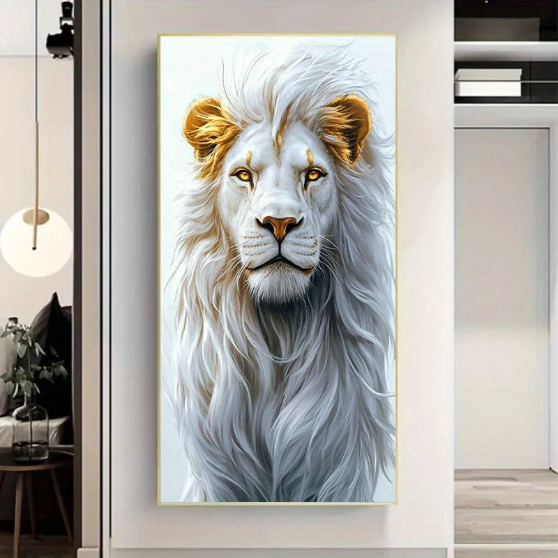 

2DFlat Unframed Majestic White Lion Portrait Canvas Painting Modern Realistic Golden Ears Lion Wall Decor for Living Room Office