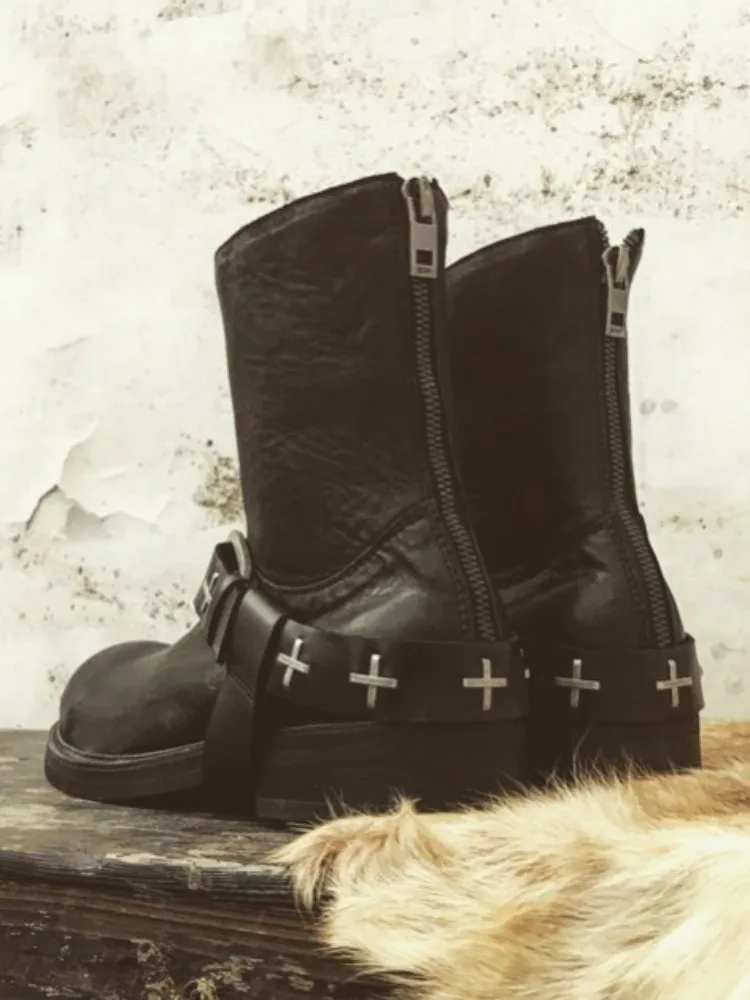 Punk Style Horsehide Round Toe Solid Color Zipper Ankle Boots Genuine Leather Buckle Platform Male Height Increase Footwear