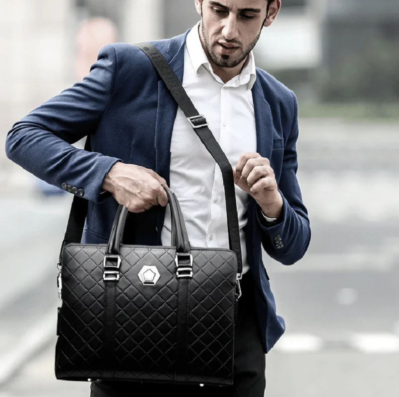 

Korean Fashion Men's High Quality Leather Business Briefcase Diamond Lattice Shoulder Bags Large Capacity Handbag Notebook Bag