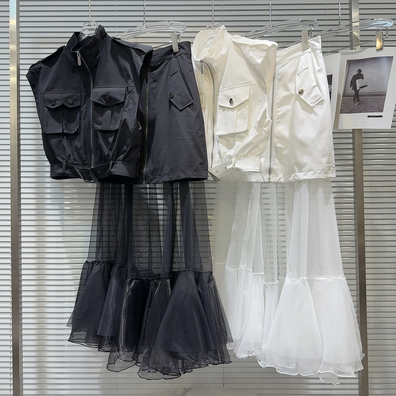 Sweet Cool Spicy Girl ket Vest Top Netting Splice  Skirt Set Faionable Zipper ort Sve Stand Collar Two Piece Suit