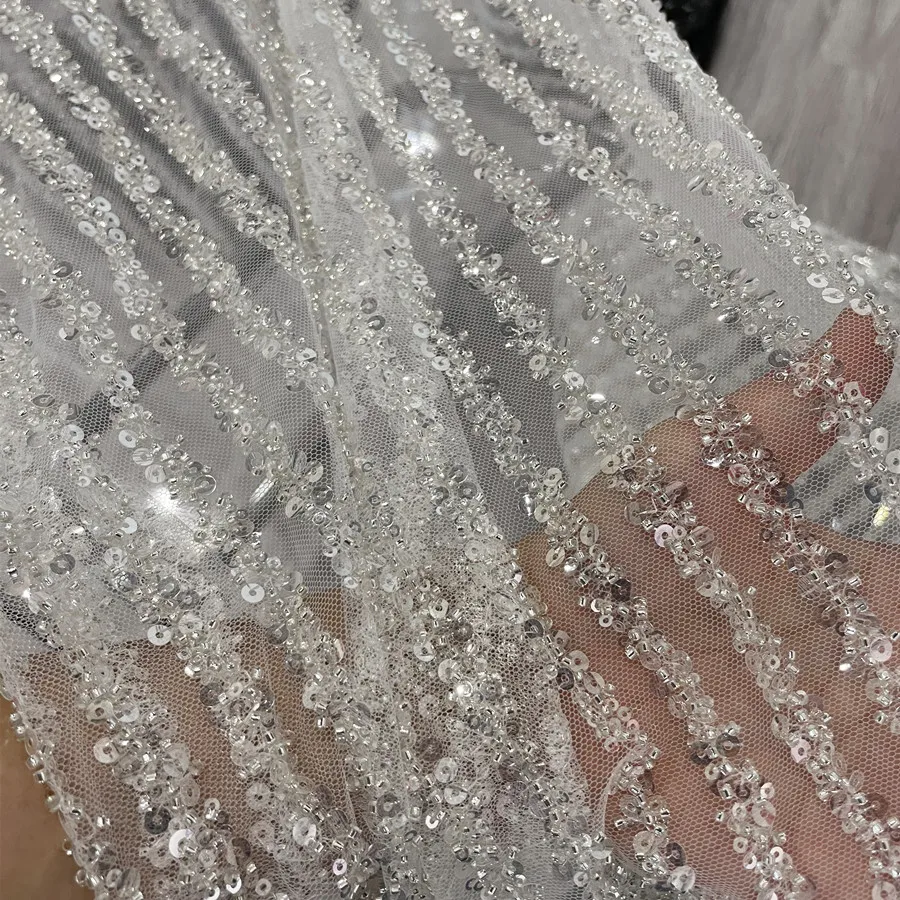 Vertical Stripes Sequined Lace Embroidered Sequins Beaded Mesh Draping Fabric for Wedding Dress Embroidery Fabrics Accessories