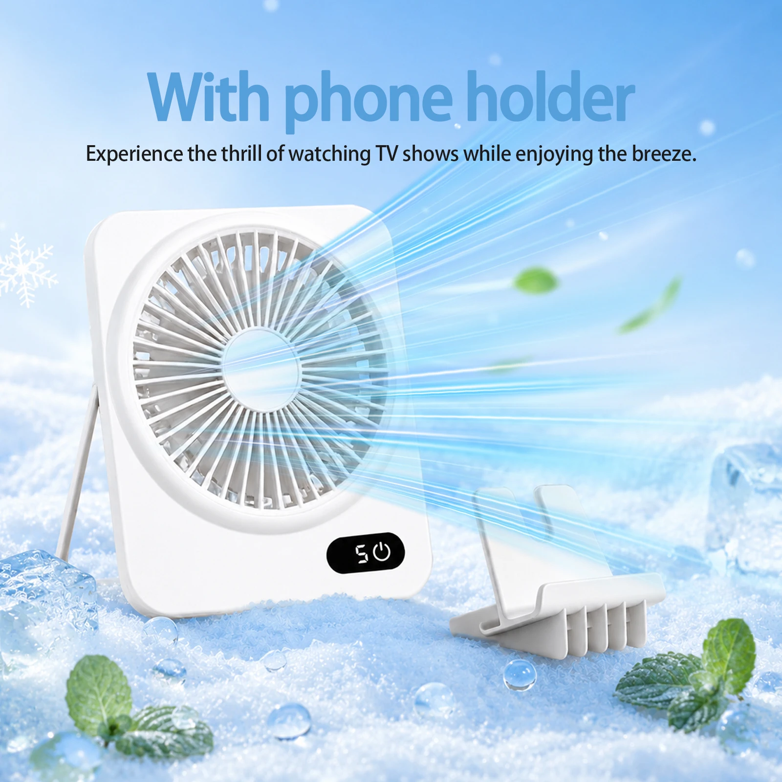Portable Mini Desk Fan with Phone Holder, USB Rechargeable Personal Table Fan, 5-Speed Adjustable Wind, 180° Foldable Hanging & Standing Design, Quiet Small Electric Fan for Office, Bedroom, Camping, Travel & Outdoor