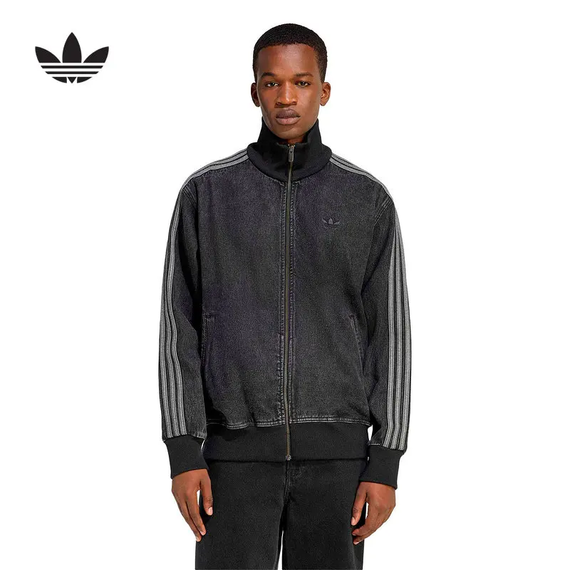 Adidas Originals KD1516 Men Denim Jacket Dark Denim Black Loose Fit Full Zip Front 3 Stripes Vintage Casual Outerwear Coat