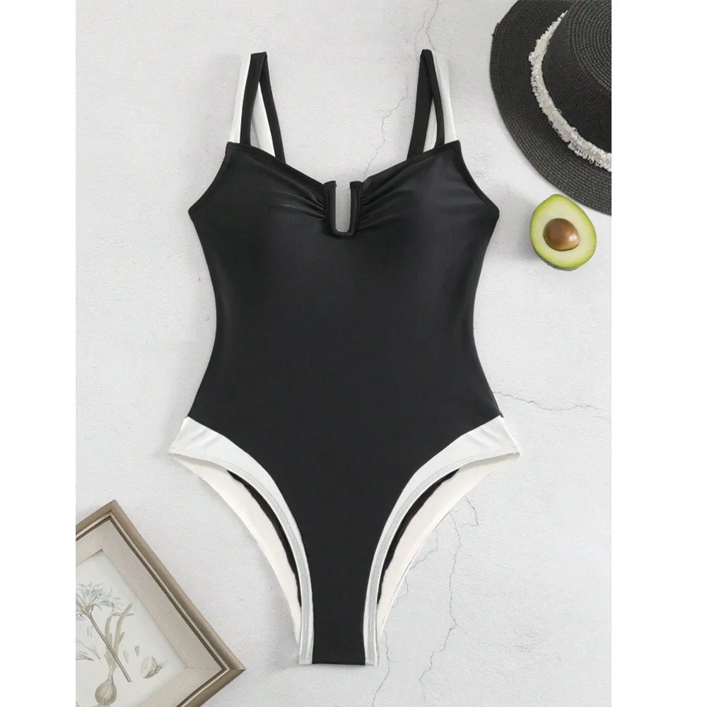 2026 Bikini Woman Tankini Deep V Neck Bikinis Black And White High Cut Leg Swimsuit Ruched Bust Swimwear Women's Tankinis view 3