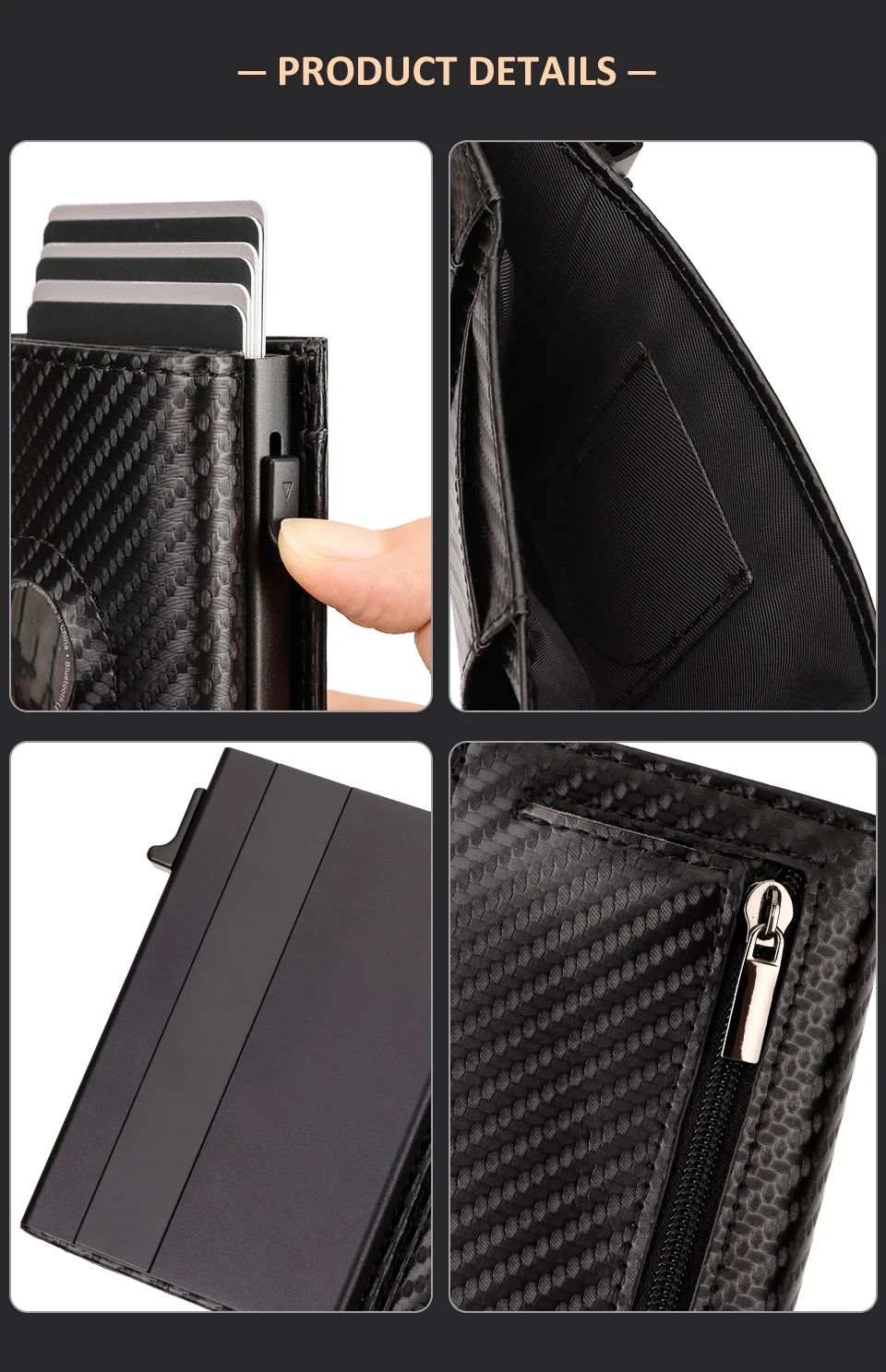 Airtag-Geldbörse für Herren aus Kohlefaser, RFID-Blockierung, Pop-Up-Kartenhalter aus Aluminium, schlanke männliche intelligente Vordertasche mit Banknotenfach – Detail 8