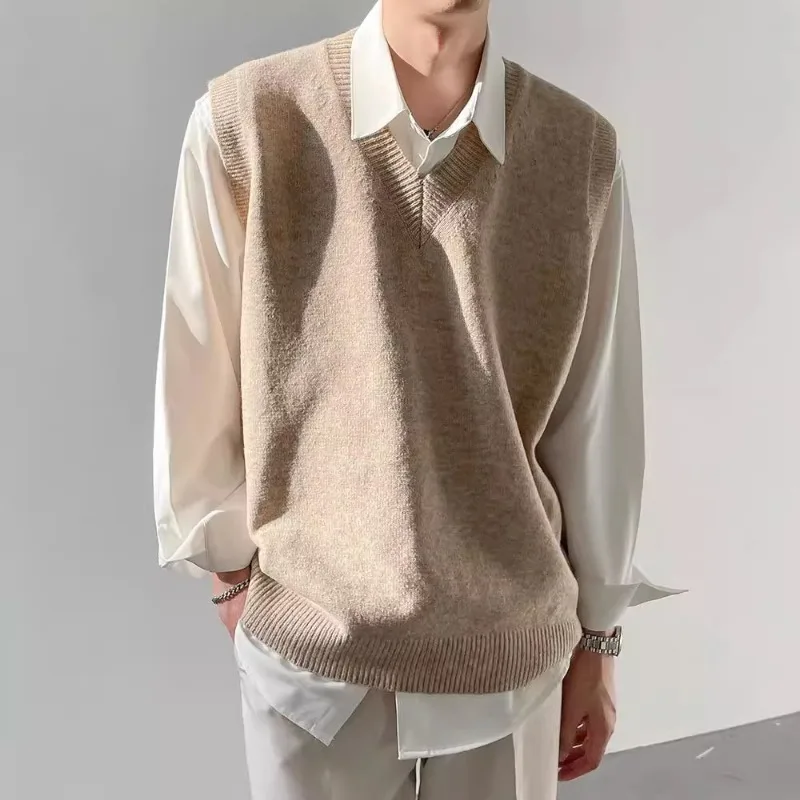 

Spring Autumn Winter Korean-style Loose Base Knitted Sweater Sleeveless Vest Men's Inner Layer Top Pullover V-neck Sweater Vest