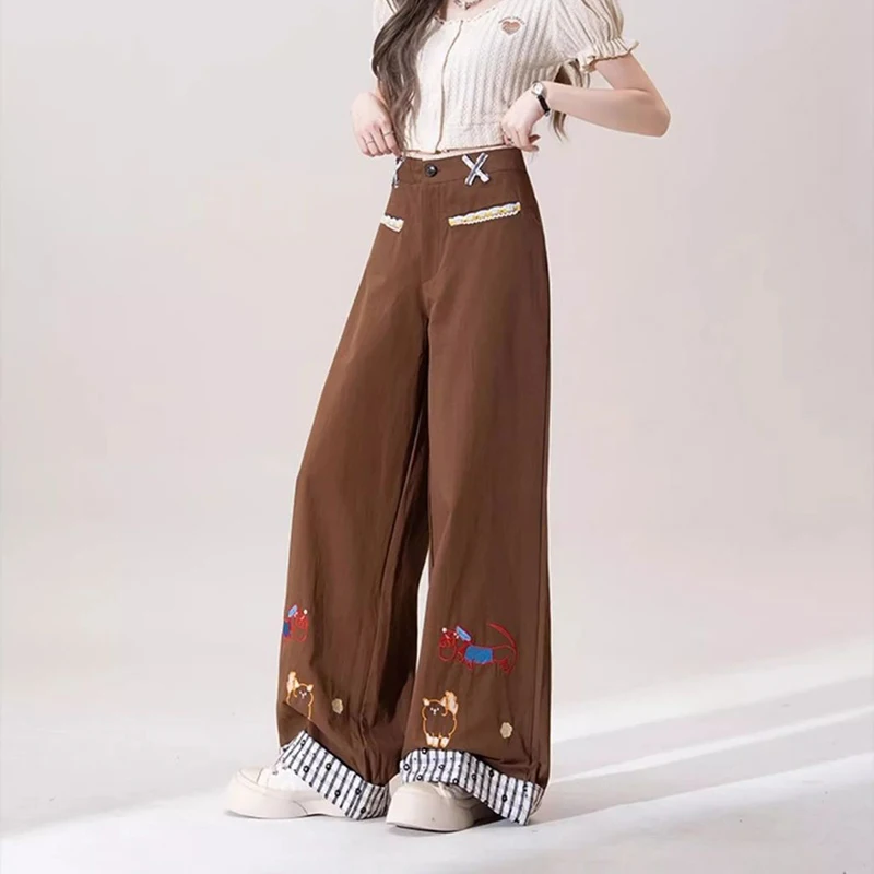 الأمريكية خمر لطيف السراويل المطرزة النساء الحلو Harajuku Y2K أنيمي السراويل فضفاضة عادية المرقعة ربيع الخريف مستقيم بانت