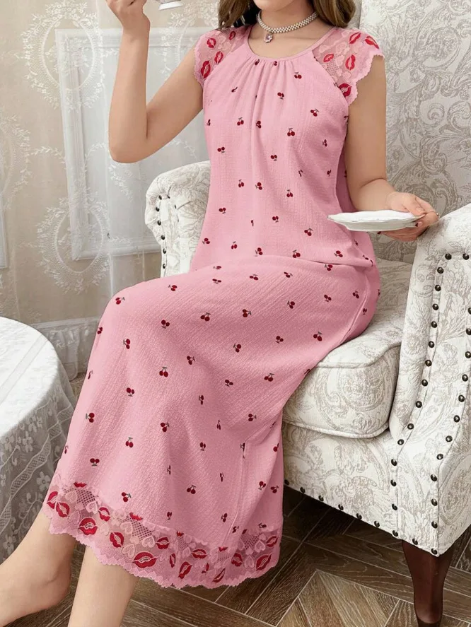 

Summer Women's Cotton Print Chemise Dress Long Sleepwear French Style New Sleeveless Lace Patchwork Nightgown Pajamas Lingerie