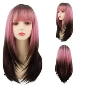 Wig panjang lurus wanita, rambut palsu HITAM Pink untuk perempuan